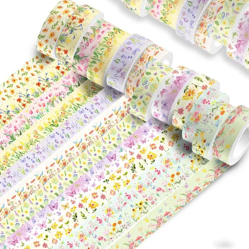 Miniatura 4 de Adirasenotek Juego de 12 rollos de cinta washi floral, diseño de flores de mariposa, calcomanías decorativas de papel decorativo, manualidades