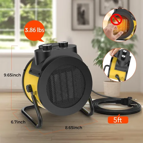 Miniatura 4 de Calentador de espacio eléctrico de 1500 W con ángulo ajustable de 90 grados, protección contra sobrecalentamiento, calentador para garaje, oficina