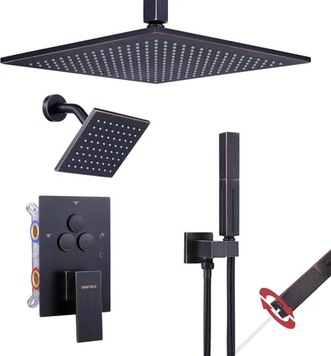 Miniatura 18 de VANFOXLE Juego de Grifería de Ducha Sistema de Ducha Negro Mate, Grifo de Ducha con Desviador de Botón Pulsador con Ducha de Mano 2 en 1, Cabezal