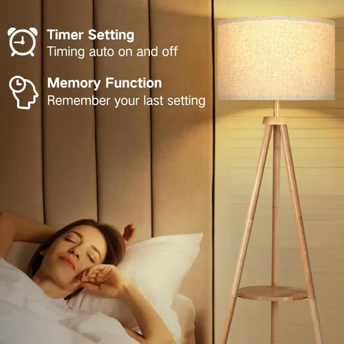 Miniatura 23 de OUTON - Lámpara de pie de trípode de madera con estantes, lámpara de pie de mediados de siglo con control remoto, 4 temperaturas de color, lámpara