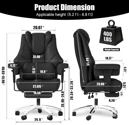 Miniatura 2 de Silla de oficina grande y alta de 400 libras, silla ejecutiva de cuero ergonómica ancha para personas pesadas con reposapiés, silla reclinable
