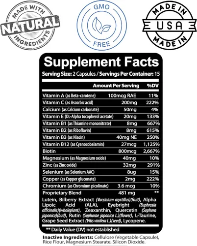 Miniatura 3 de Kaya Naturals Suplemento de salud ocular, luteína y zeaxantina, salud de la visión, apoyo a la fatiga ocular 800 mg Suplemento vitamínico 30 cápsulas