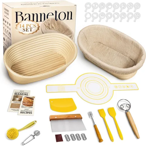 Miniatura 8 de BAVIFY Kit Inicial para Masa Madre, Juego de Cestas Redondas de 9" y Ovaladas de 10" para Prueba de Pan Banneton, Suministros para Hornear Pan