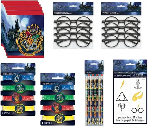 Unique El paquete de suministros para fiesta de cumpleaños de Harry Potter incluye 8 bolsas de botín, 8 gafas, 8 pulseras, 8 lápices, 24 tatuajes
