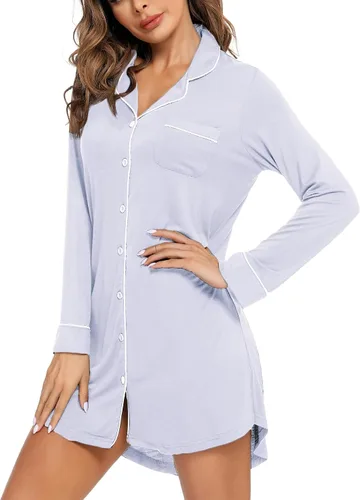 Miniatura 106 de Samring Camisón de pijama para mujer, manga corta/larga, con botones, camisón para dormir, camisón para novio, talla XXL