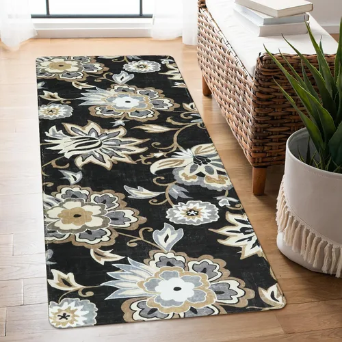 Miniatura 53 de Lahome - Tapete floral con estampado de cachemira, lavable, antideslizante, pequeño, anti-manchas, suave, para baño, entrada, dormitorio, Negro