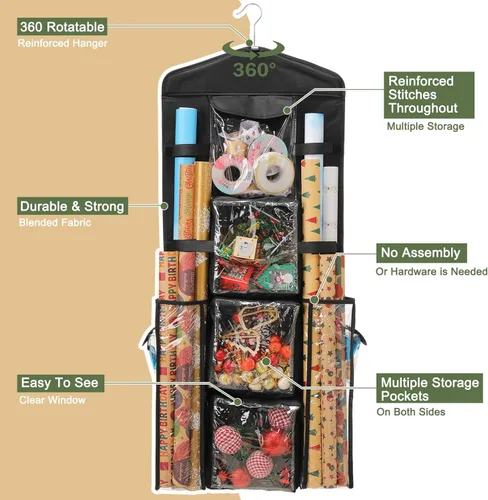 Miniatura 2 de EXLIFBAG Organizador de almacenamiento de papel de regalo, organizador de envoltorios de regalo con soporte de doble cara para colgar Negro