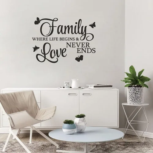 Miniatura 2 de Family Where Life Begins and Love Never Ends - Adhesivo con mariposas, calcomanías de vinilo extraíbles para pared, frases inspiradoras de arte