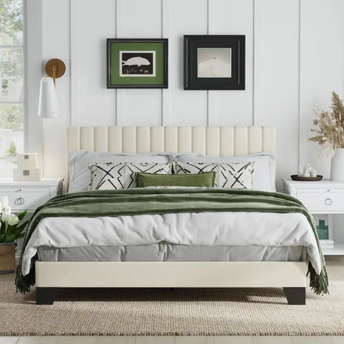 Miniatura 11 de Marco de cama tamaño Queen, cama plataforma tapizada en terciopelo con cabecero acolchado ajustable, marco resistente y listones, silencioso,