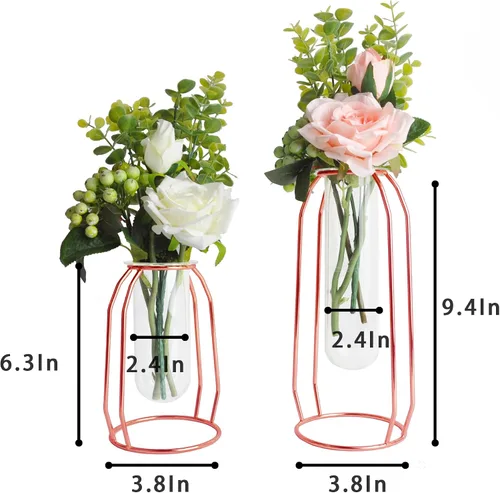 Miniatura 4 de FSyueyun Florero de oro rosa para decoración del hogar con estante de metal, jarrones de vidrio dorado para centros de mesa, jarrones de brote