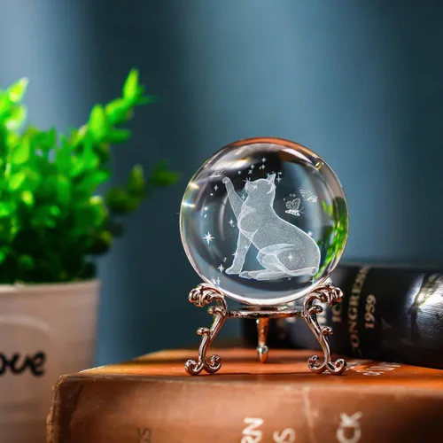 Miniatura 5 de HDCRYSTALGIFTS Bola de cristal de gato de 2.362 in con soporte 3D grabada con láser, figuras de animales, globo de vidrio, bola decorativa, esfera