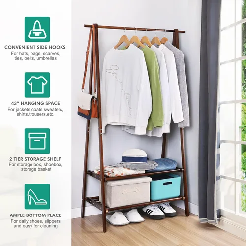 Miniatura 2 de Jotsport Perchero de bambú plegable para colgar ropa con estante de almacenamiento de 2 niveles para lavandería, habitación de invitados