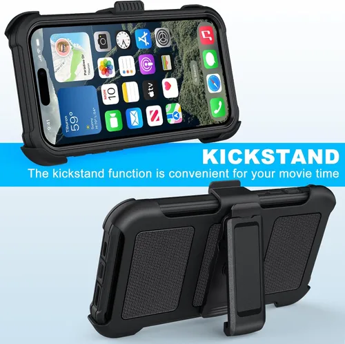 Miniatura 5 de Funda con clip para cinturón compatible con iPhone 12 Defender con soporte giratorio de 360°, protección resistente anticaídas y golpes, color negro