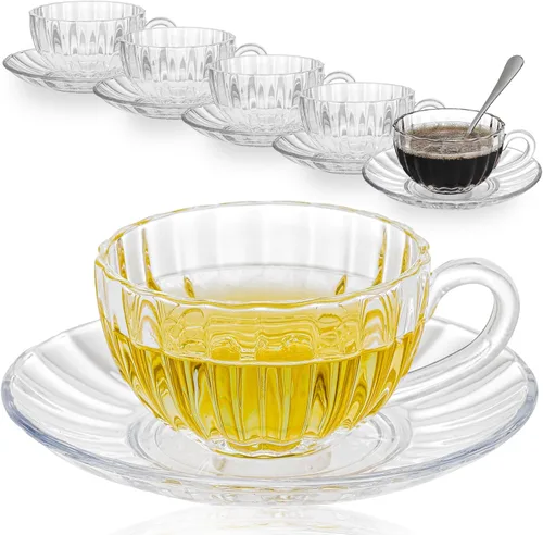 Miniatura 9 de Juego de 6 tazas de té y platillos de vidrio de GURUDAR, tazas de café de vidrio con cuchara de acero inoxidable, tazas aptas para lavavajillas