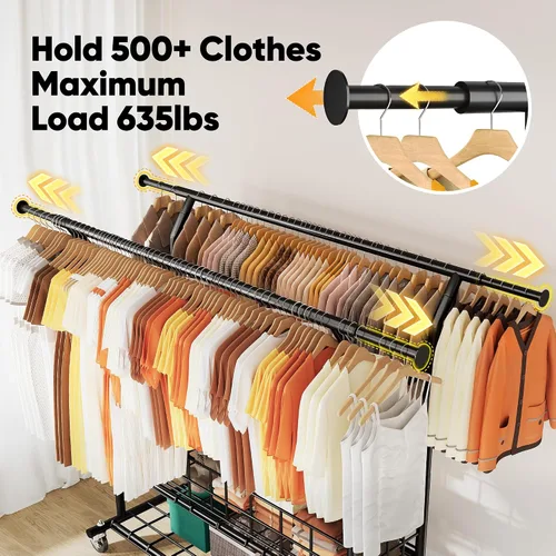 Miniatura 3 de HOKEEPER Perchero resistente con carga de 635 libras, perchero para colgar ropa, barra doble ajustable negra con cesta de metal, perchero portátil