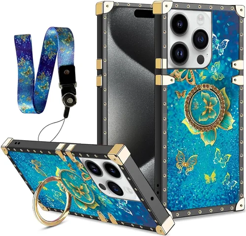 Miniatura 14 de nancheng Funda para iPhone 15, diseño de flor de mariposa azul, TPU suave, a prueba de golpes, con soporte de anillo y cordón a juego, elegante
