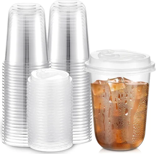Baderke 50 juegos de vasos de plástico transparente de 16 onzas con tapas, tazas de café helado resistentes con tapas, vasos de plástico desechables