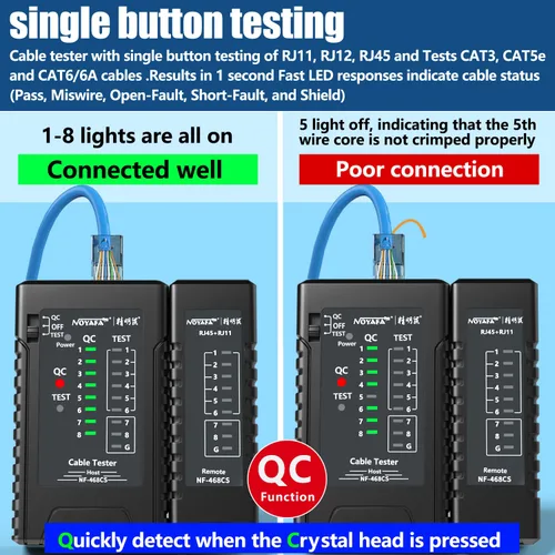 Miniatura 2 de YILTION NF-468CS Probador de Cable de Red, Probador de Teléfono y Continuidad, Mapeador de Cable Ethernet para RJ45/RJ11/RJ12/CAT5/CAT6/POE, Negro
