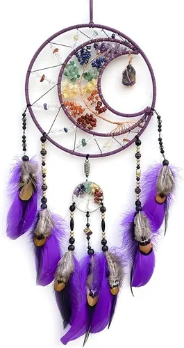 Miniatura 10 de Árbol de la vida negro de 7 chakras, decoración de pared con piedra de cristal curativo arco iris, hecho a mano, plumas, atrapasueños, adorno