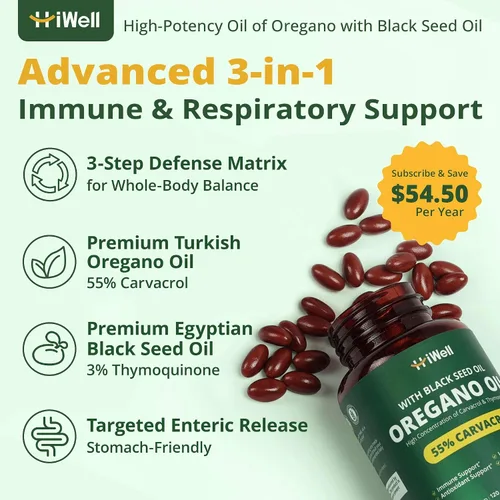 Miniatura 2 de HiWell Absorfyx Aceite de orégano con aceite de semilla negra y vitamina D3: 55% de Carvacrol, equivalente a 30,000 mg de hoja de orégano, cápsulas