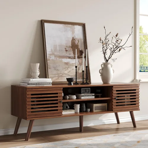 Miniatura 12 de Furnify Soporte de TV moderno de mediados de siglo de 53 pulgadas para TV de 50/55/60 pulgadas, consola multimedia de TV con puertas de listones