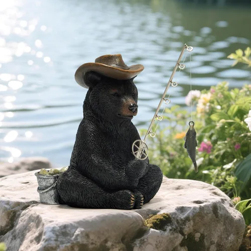 Miniatura 8 de Hodao Figuras de pesca de oso negro, decoración de oso de verano, manualidades para decoración de escritorio de oficina en casa, estatua