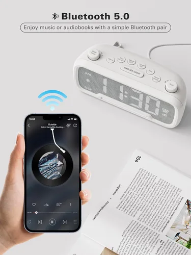Miniatura 3 de Mesqool Reloj despertador con altavoz Bluetooth, radio FM, reloj despertador para dormitorio con cargadores USB, atenuador y 12/24 horas, Blanco