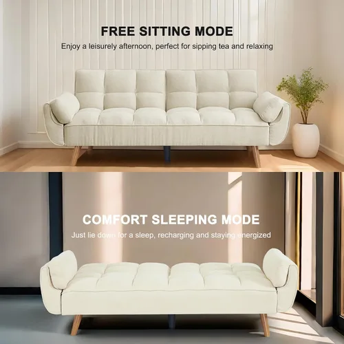 Miniatura 6 de Sofá cama tipo futón convertible, sofá cama con respaldo ajustable, sofá pequeño de espacio pequeño, sala de estar, dormitorio (beige)