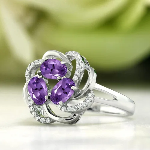Miniatura 94 de Gem Stone King Flower Blossom Gemstone Birthstone Ring in 925 Sterling Silver 3-Stone Oval 6X4MM with Sparkling Accents Wedding Anniversary
