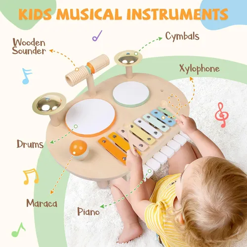 Miniatura 3 de YHHYTOY Juego de batería para bebé, instrumentos musicales de madera para bebés de 1 a 3 años, juego de percusión de mesa de actividades musicales