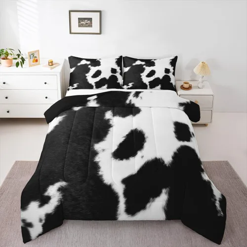 Miniatura 9 de Juego de edredón de piel de vaca, edredón de plumón con estampado de vaca, juegos de ropa de cama de teñido anudado negro y marrón para niños