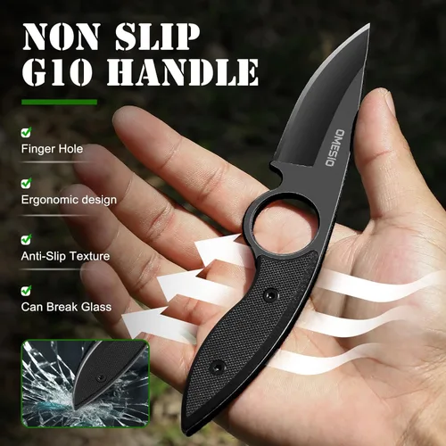 Miniatura 3 de Omesio Cuchillo pequeño de hoja fija, cuchillo táctico de caza y campamento con funda Kydex, acero inoxidable de espiga completa compacto EDC