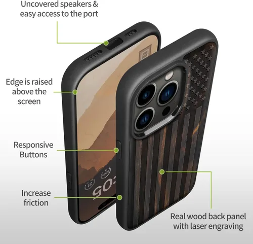 Miniatura 7 de Carveit Funda magnética de madera para iPhone 15 Pro, compatible con cargadores inalámbricos MagSafe, funda de TPU suave negro a prueba de golpes