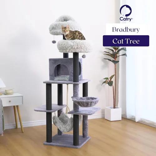 Miniatura 9 de Catry Bradbury - Árbol para gatos moderno de 7 niveles y 62.5 pulgadas con postes rascadores reemplazables, condominio grande, dos camas lavables