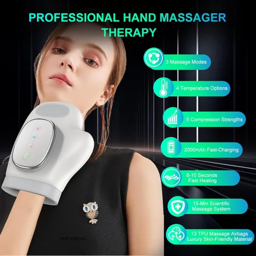 Miniatura 2 de Masajeador de Mano Profesional con Calor, Terapia de Compresión, 3 Masajes, 4 Temperaturas, 5 Niveles de Compresión, Guante de Alivio del Dolor