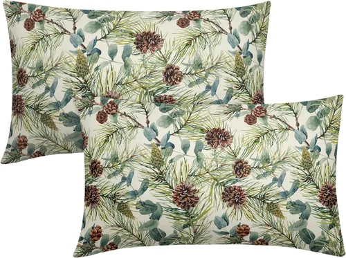 Fundas de almohada florales de invierno 12x20 pulgadas - Juego de 2, estampado de flores de acuarela verde con hojas, temática rústica, fundas Árbol