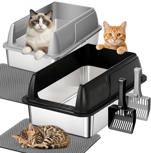 Miniatura 8 de Gimars Paquete de 2 cajas de arena de acero inoxidable XL para gatos grandes y mayores, bandeja de arena de metal para gatos múltiples con lados