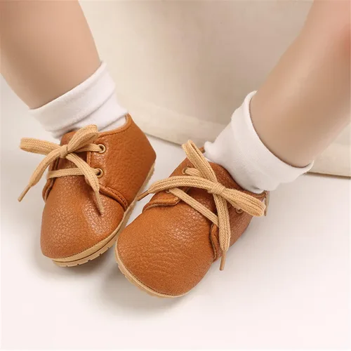 Miniatura 3 de Zapatos de piel sintética para bebés, niños y niñas, suela de goma suave, con cordones, zapatos Oxford para cuna para niños pequeños que caminan