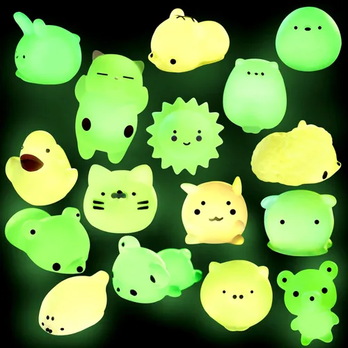 Outee 16 piezas de juguetes Mochi Mini Mochi animales juguetes que brillan en la oscuridad, juguetes para aliviar el estrés, juguetes a granel, gato