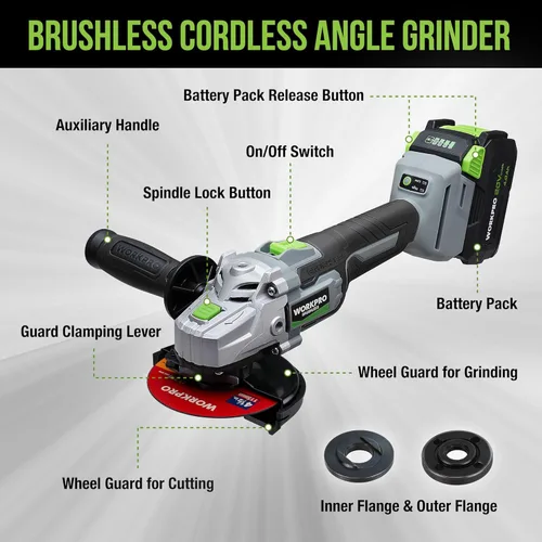 Miniatura 7 de WORKPRO Amoladora angular inalámbrica, amoladora sin escobillas de 20 V con batería de 4.0 Ah y cargador rápido, discos de 4-1/2 pulgadas, motor sin