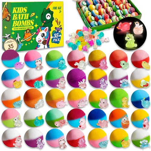Bombas de baño con sorpresa en el interior, juego de 35 bombas de baño para niños con juguetes de animales que brillan en la oscuridad, burbujas