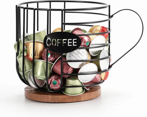 Miniatura 6 de Soporte rústico para cápsulas de café – Alambre negro de gran capacidad para almacenamiento de tazas K con tapa de madera – Decoración redonda