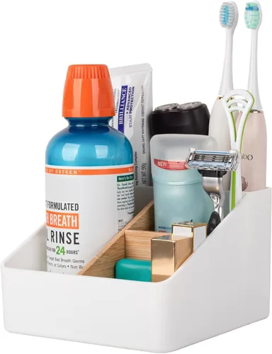 Miniatura 8 de Portacepillos de dientes para baños, soporte para cepillos de dientes de bambú con 5 ranuras, organizador de tocador de baño para encimera