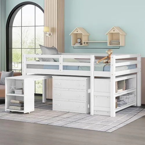 Miniatura 12 de Base de cama baja de madera con escritorio portátil rodante, cama alta individual con armario abierto y cajones, cama baja con estante para niños