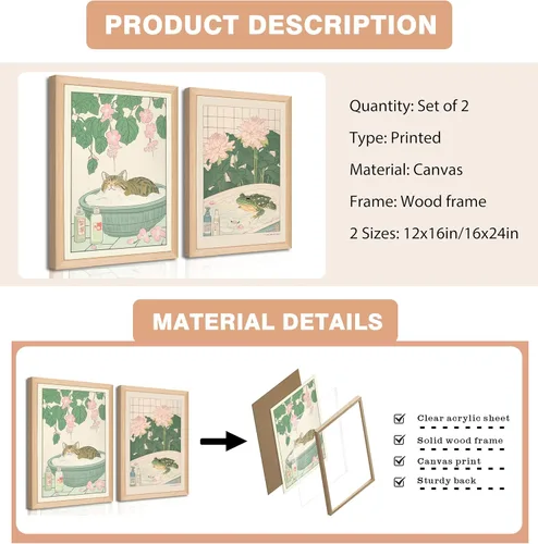 Miniatura 6 de Juego de 2 lienzos japoneses enmarcados para pared de baño con gatos y ranas, marco de madera, impresiones abstractas de naturaleza para decoración