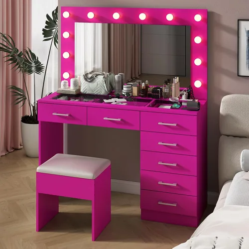 Miniatura 10 de VINGLI Tocador 3 en 1 con espejo deslizante iluminado LED y taburete acolchado sobre ruedas, pequeño tocador de maquillaje con 3 cajones y 2 Negro