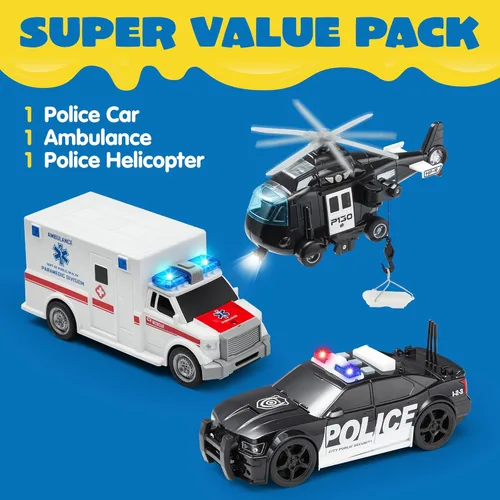 Miniatura 2 de JOYIN Camión de juguete para niños de 3, 4, 5, 6, 7 años, juego de vehículos de policía, juego de vehículos de emergencia, automóvil alimentado por