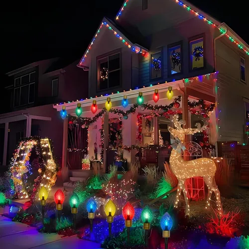 Miniatura 7 de Luces de camino de Navidad Jumbo C9 para exteriores, luces de Navidad jumbo de 7 pies con estacas de marcador de camino y 4 bombillas LED