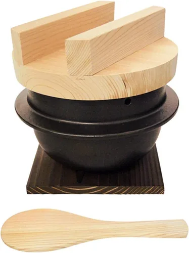 Japanese Rice Cooker Donabe Clay Pot Set, 3 Go (3 Cups), Includes Hinoki Rice Scoop