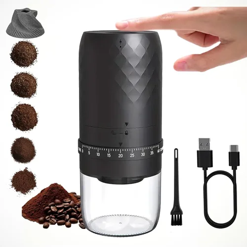Molinillo de café eléctrico portátil con 40 ajustes ajustables, pequeño molinillo de café expreso recargable con múltiples ajustes de molienda para